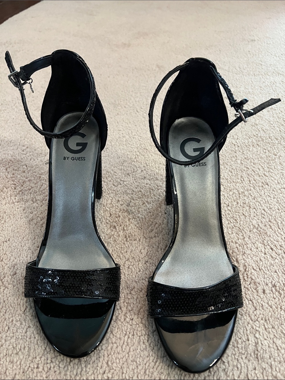G by Guess Black Sequin Ankle Strap Heels Size 10